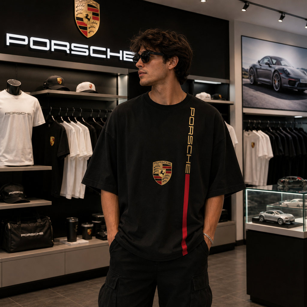 Porsche Velocity Stripe Oversized Tee – Black