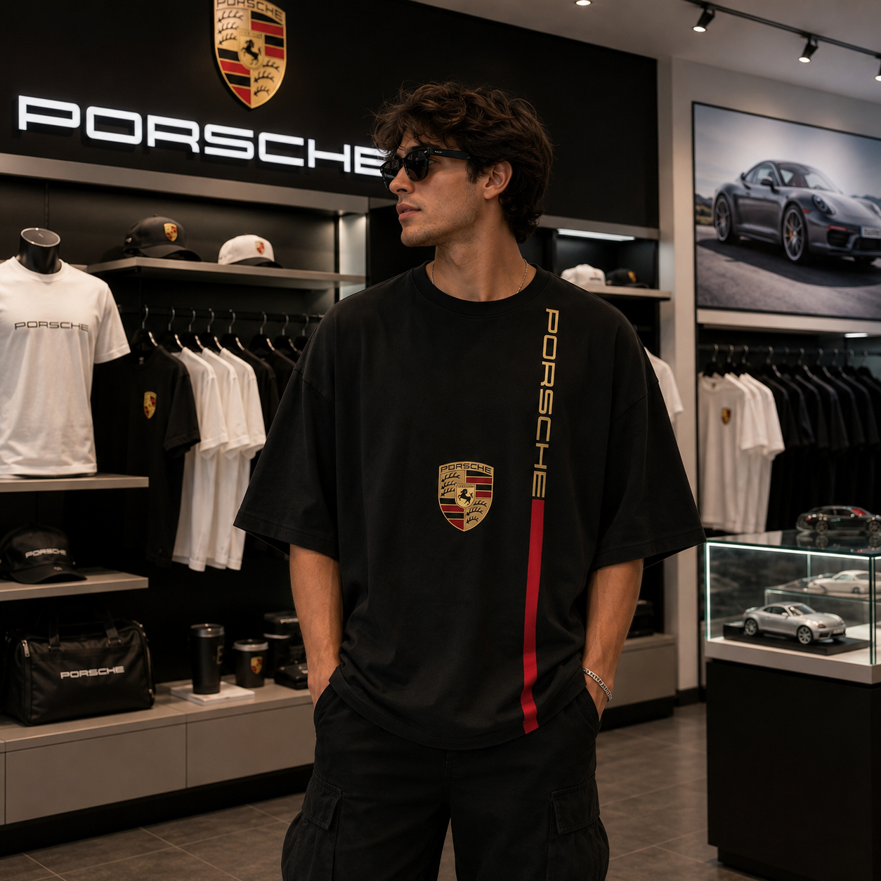 Porsche Velocity Stripe Oversized Tee – Black