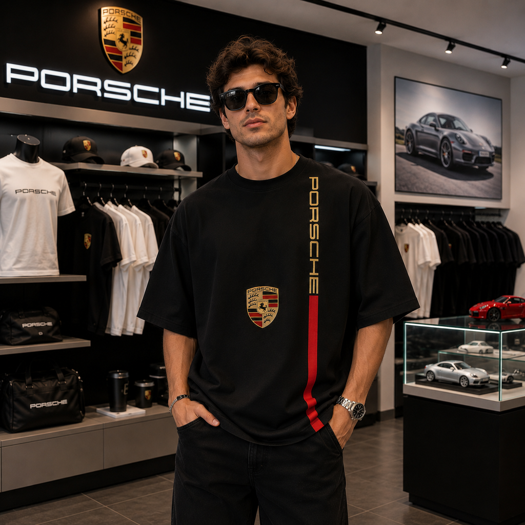 Porsche Velocity Stripe Oversized Tee – Black
