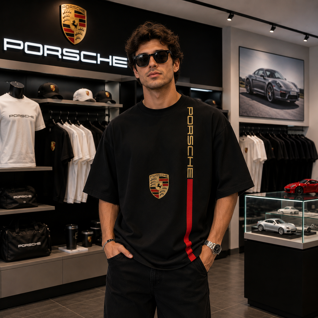 Porsche Velocity Stripe Oversized Tee – Black