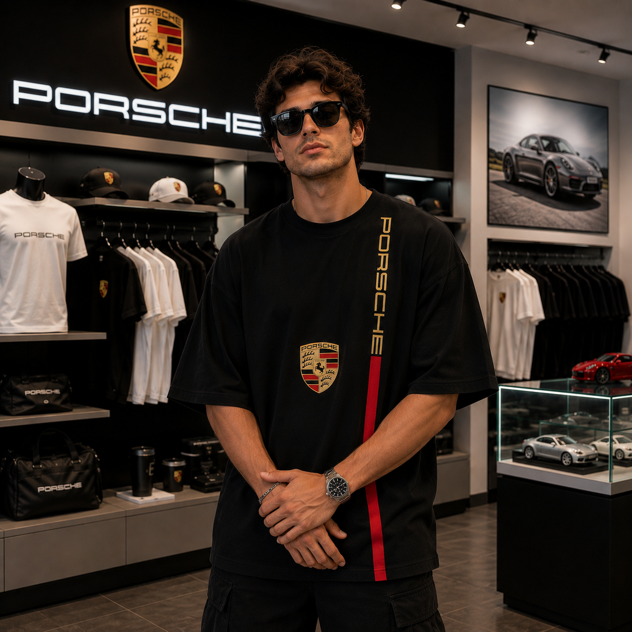 Porsche Velocity Stripe Oversized Tee – Black